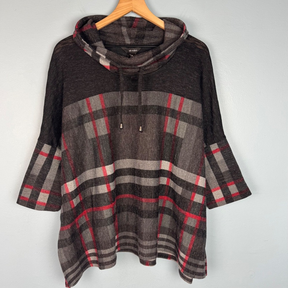 Ali Miles Womens S/M Gray Plaid Cowl Neck 3/4 Sleeve Poncho Pullover Top Blouse - Picture 2 of 8